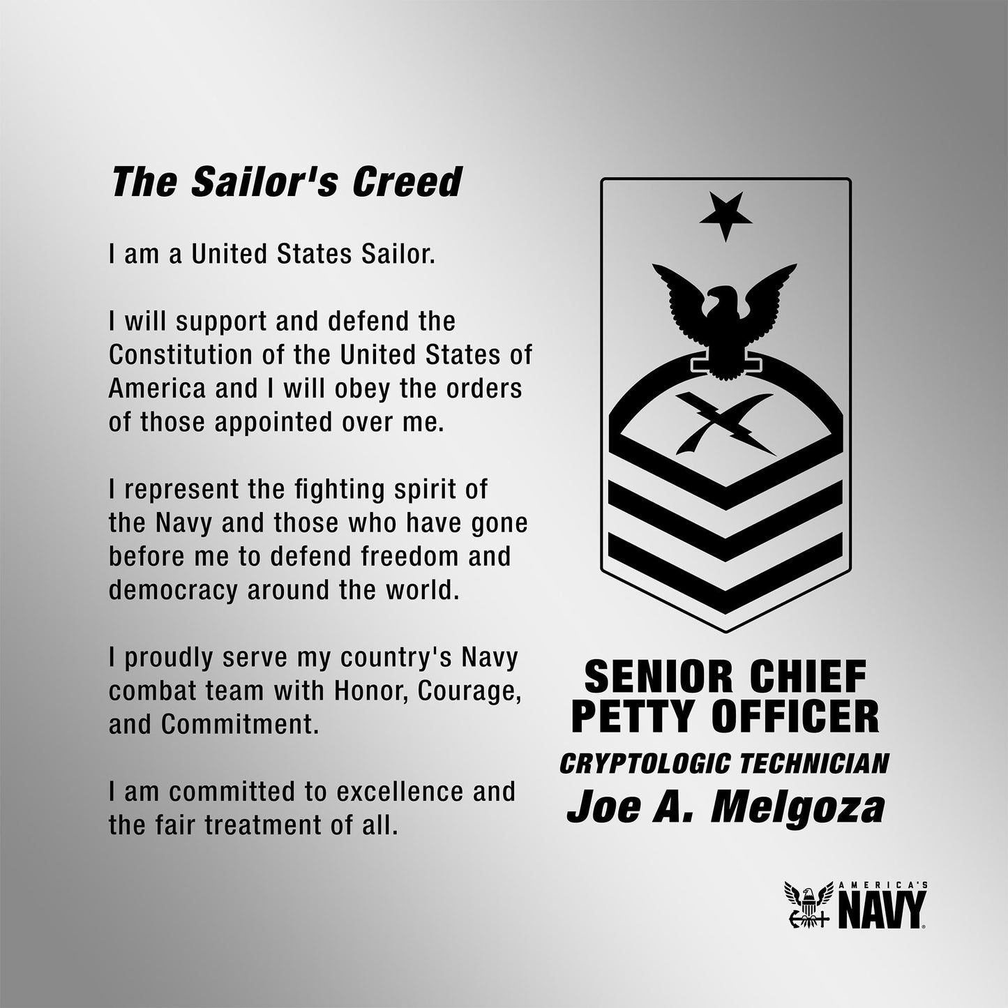 US Navy Sailor's Creed Personalized- Laser Engraved Mirror Plaque