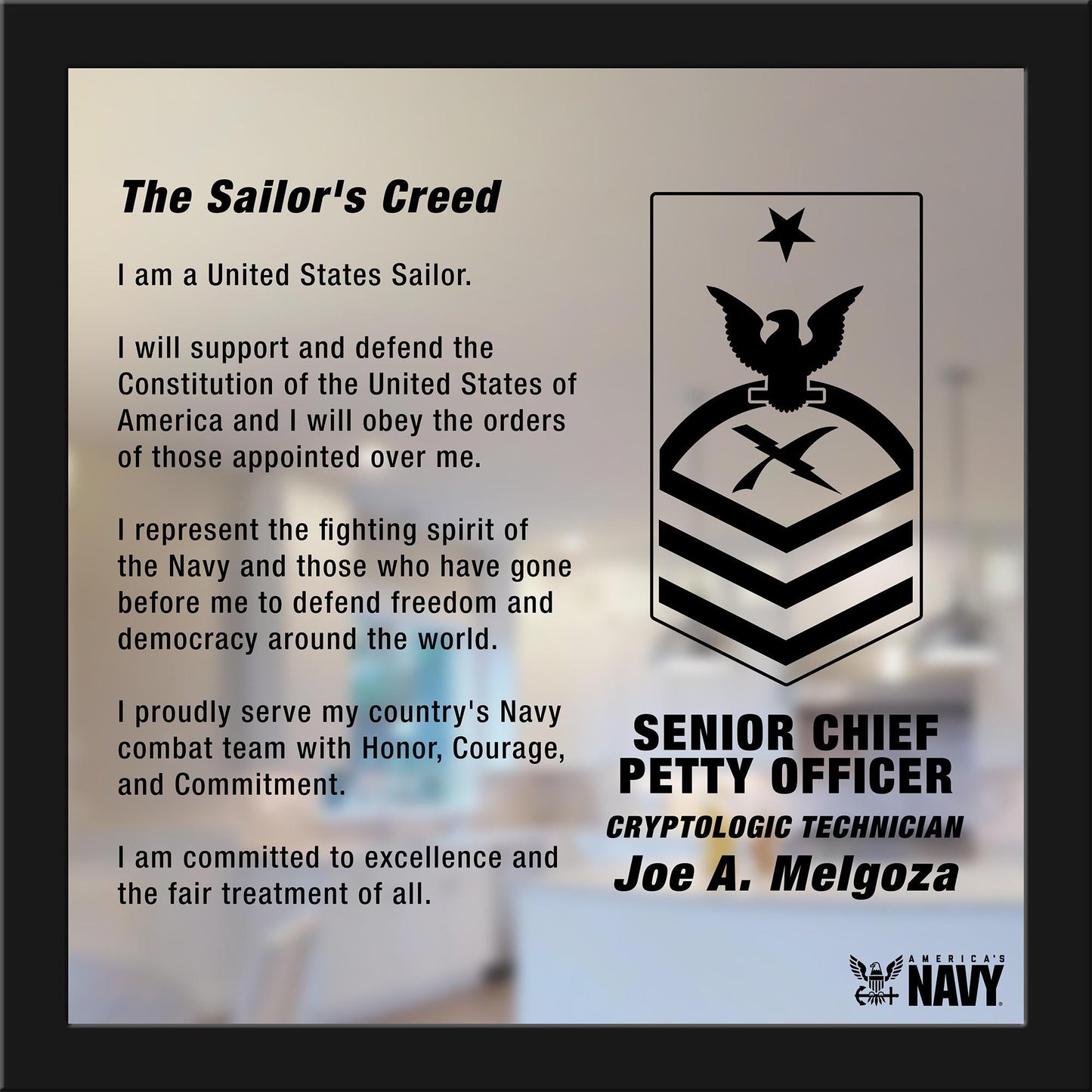 US Navy Sailor's Creed Personalized- Laser Engraved Mirror Plaque